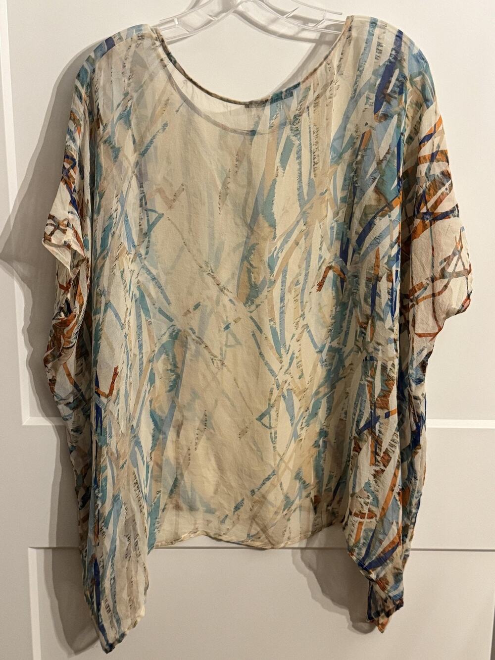 Language Kimono Blouse Womens Petite Small Beige Abstract Silk Sheer Top Boho